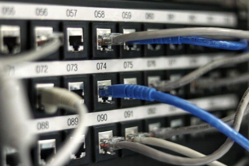 Data center server racks with blue LED lights
